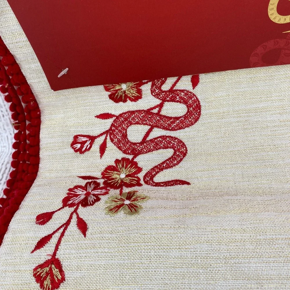 Year of the Snake 2025 Placemats Set of 4 Cream Red Gold Embroidered Pom Trim